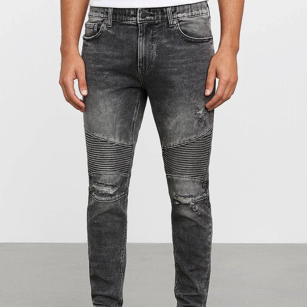 Men's 3X Moto Distressed Wash Gray Drawstring Jeans
